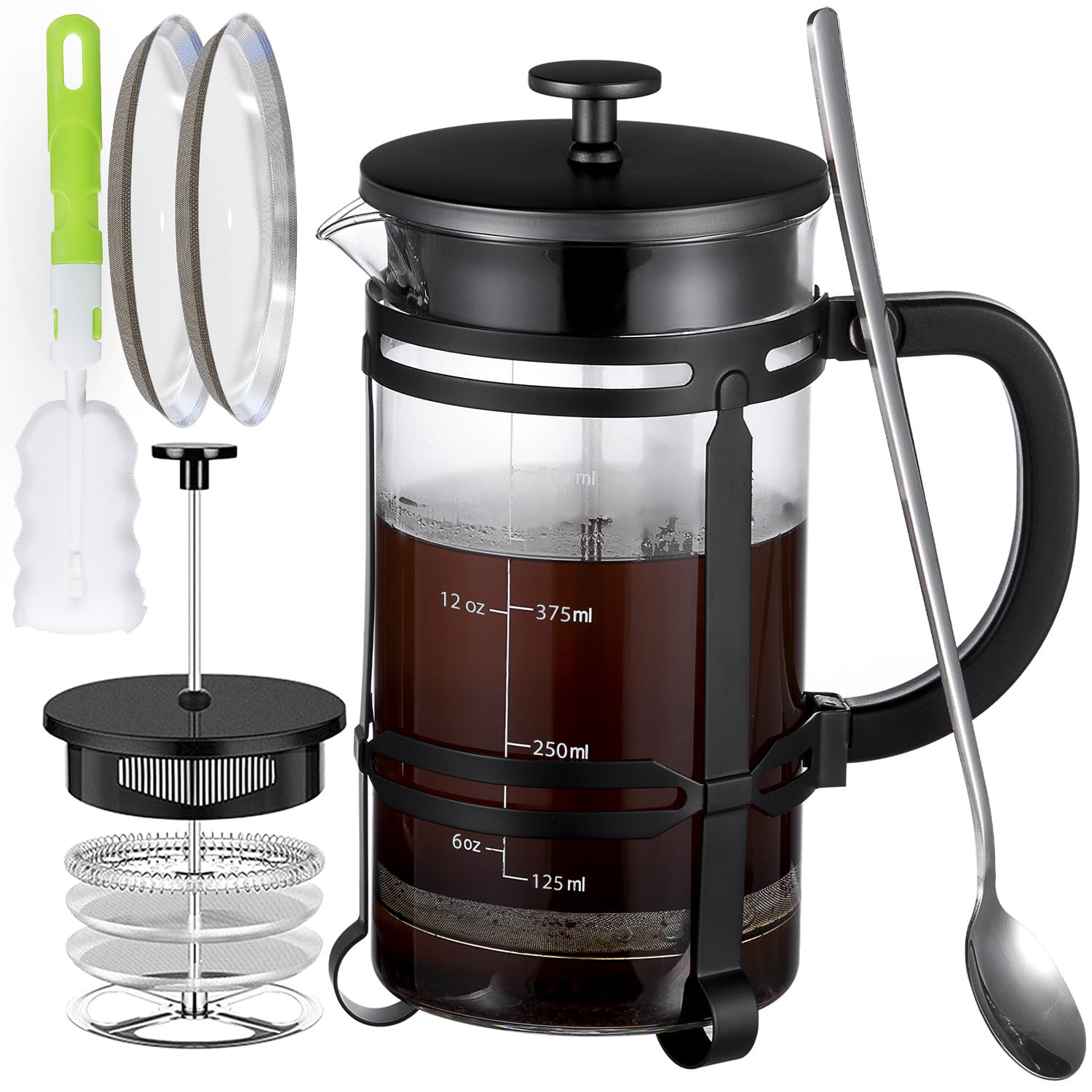 French Press Coffee Tea Maker（21oz）,304 Stainless Steel Coffee Press with 4 Filters Screen-100% No Residue -German Heat-Resistant Borosilicate Glass- BPA FREE -Dishwasherable，Black