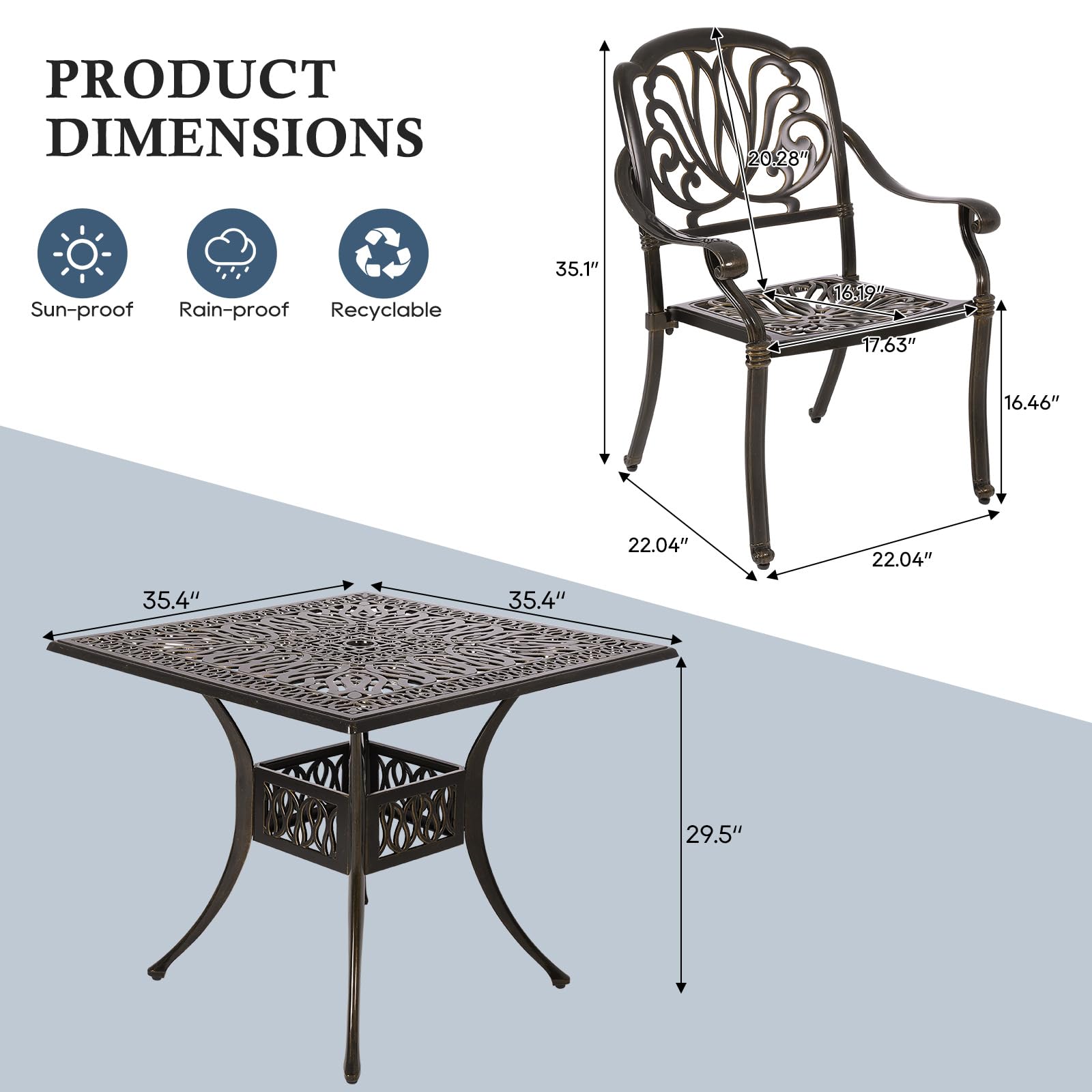 Sumshadow 5-Piece Cast Aluminum Outdoor Patio Dining Set, All Weather Cast Aluminum Outdoor Furniture Dining Set for Patio, Balcony, Lawn, Garden, Backyard w/4 Chairs and Cushions, 2.0" Umbrella Hole