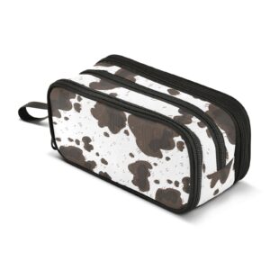 zazyxtj cow print large capacity pencil case 3 compartment pen pouch storage canvas makeup bag for school office teen girl boy men women