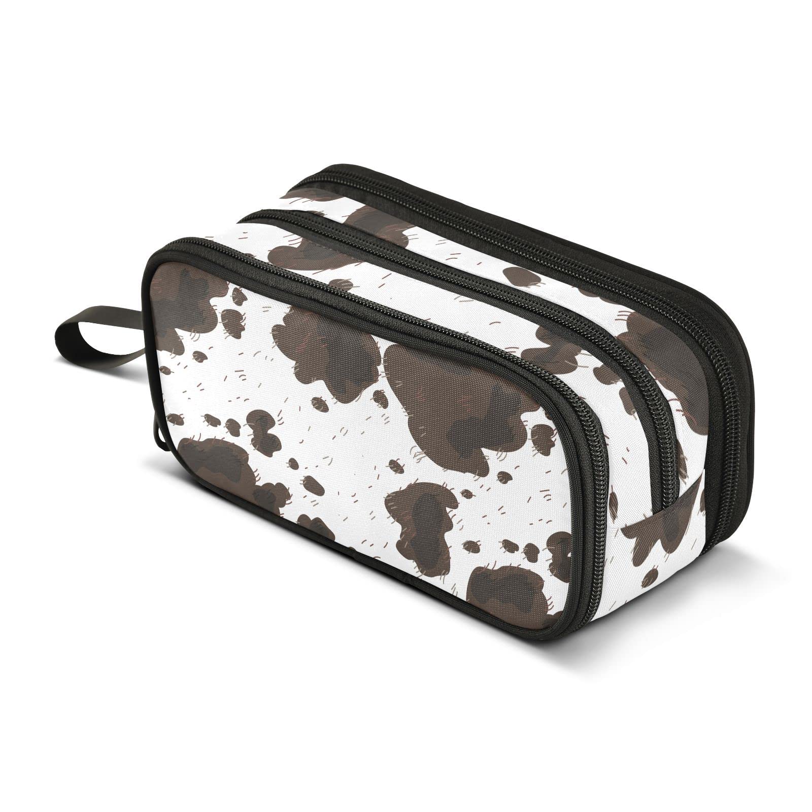 ZAZYXTJ Cow Print Large Capacity Pencil Case 3 Compartment Pen Pouch Storage Canvas Makeup Bag for School Office Teen Girl Boy Men Women