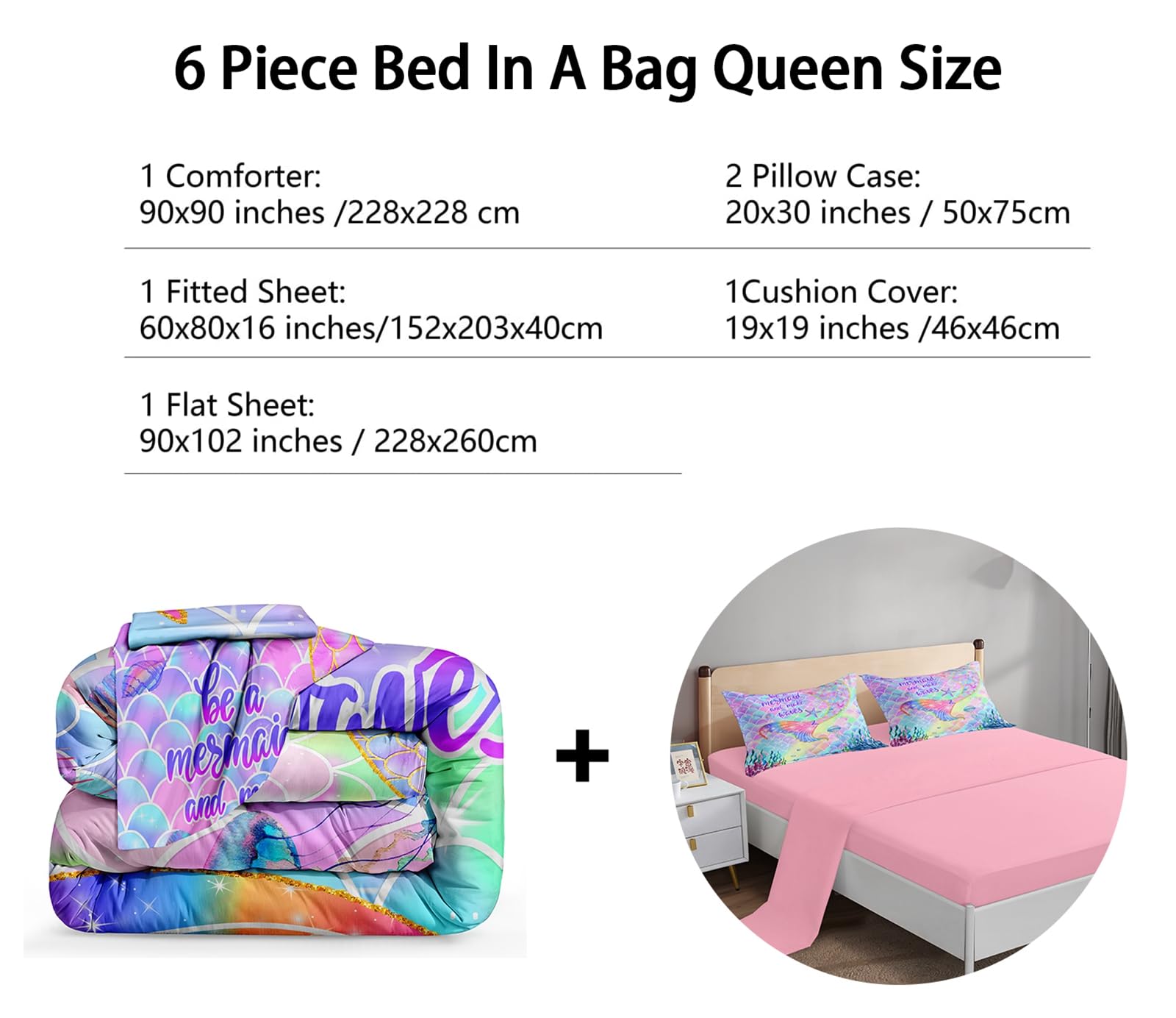 ROWADALO 6 Pieces Mermaid Scale Glitter Comforter Set Fish Scale Shell Starfish Girls Bedding Set,Gradient Rainbow Mermaid Tail Bed in A Bag Queen Size Complete Set for Girls Bedroom,MRY502-Queen