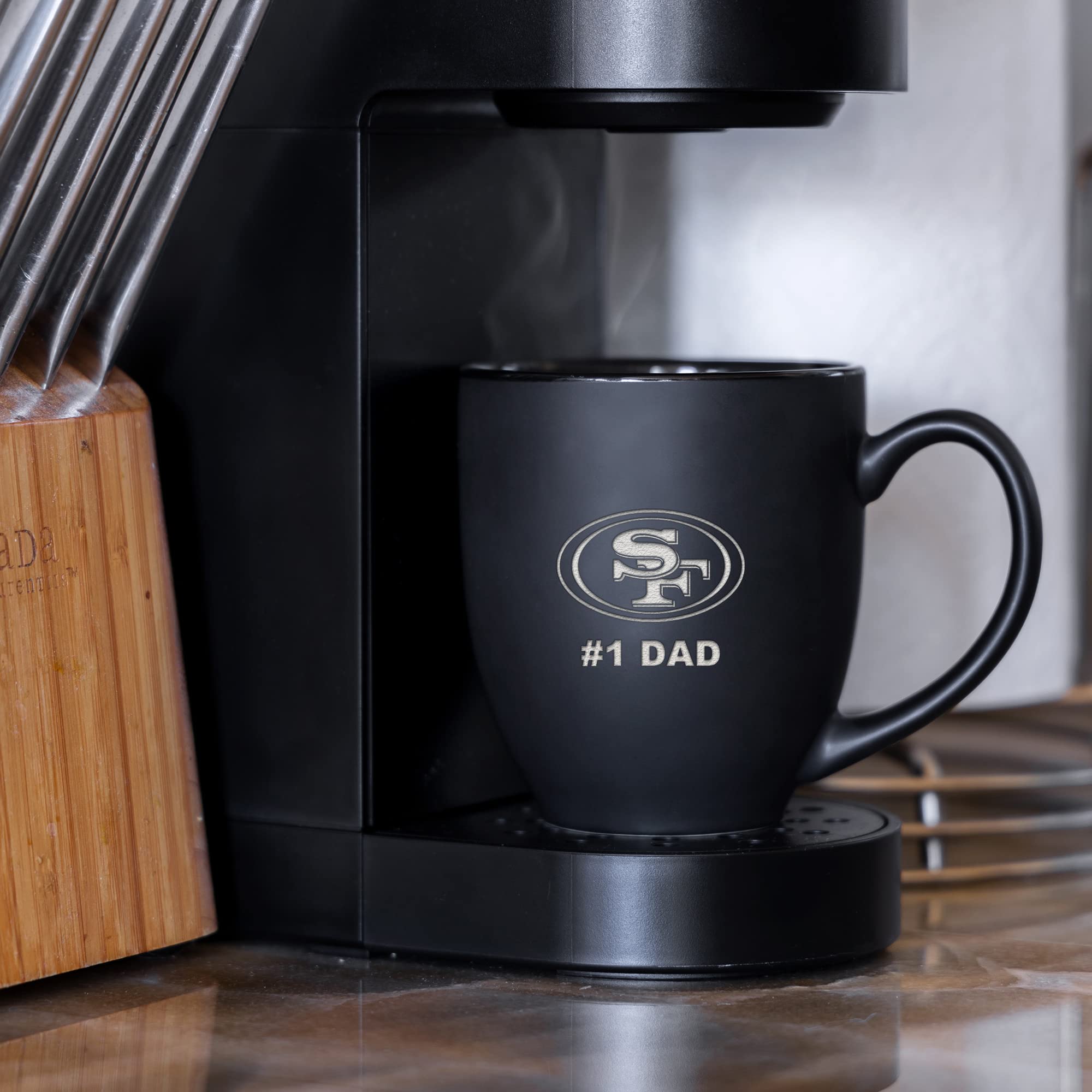 Rico Industries NFL Football San Francisco 49ers #1 Dad 15oz Laser Engraved Matte Black Ceramic Bistro Mug - for Hot or Cold Drinks