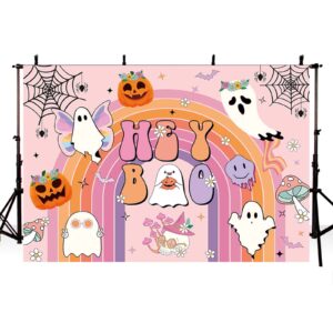 MEHOFOND 7x5ft Halloween Baby Shower Backdrop Pink Hey Boo Kids Birthday Bash Banner Cute Ghost Retro Groovy Rainbow Birthday Party Decorations Background Halloween Baby Shower Decorations Banner