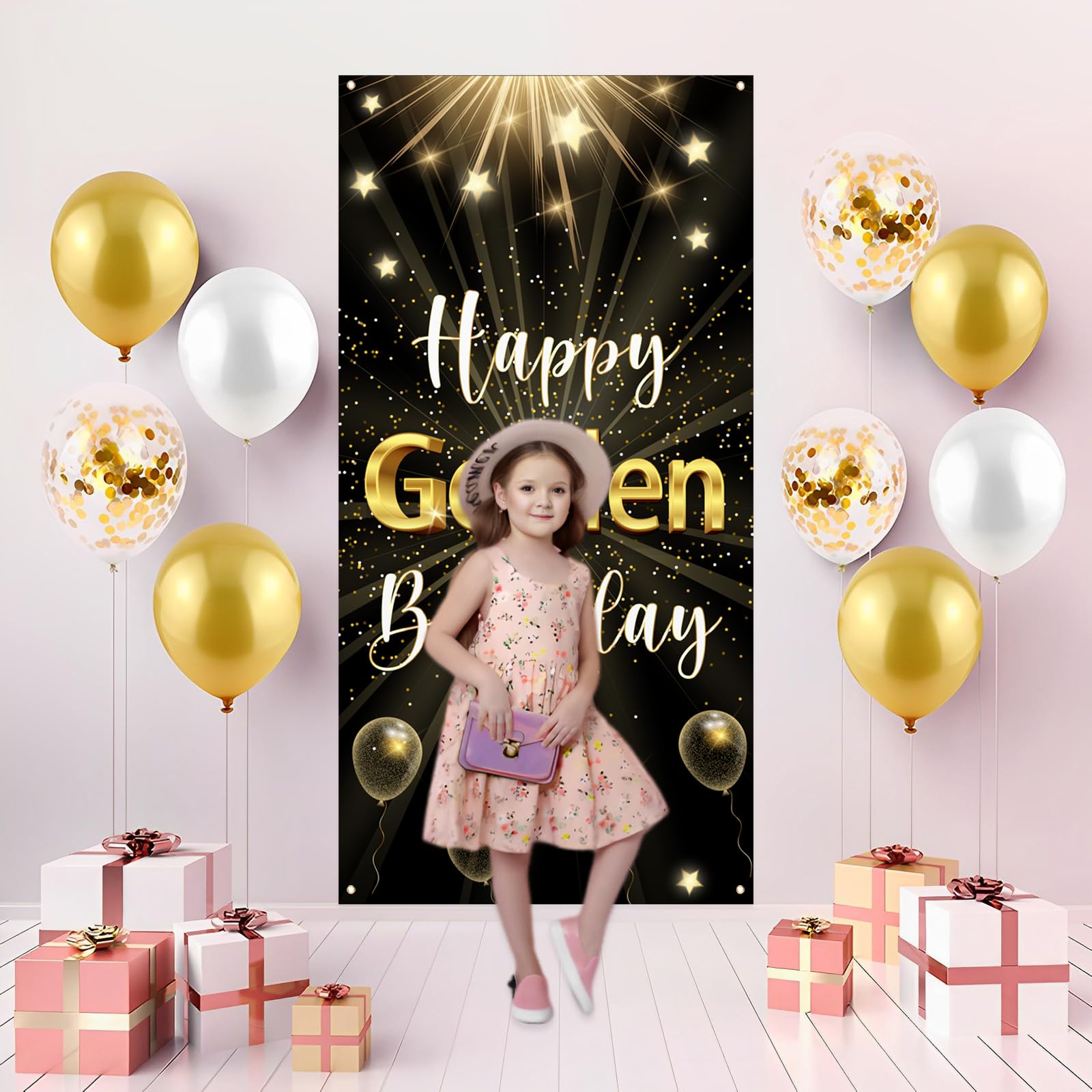 Labakita Happy Golden Birthday Banner, Golden Birthday Door Banner, Golden Birthday Sign, 5th 6th 21st 24th 25th 28th 30th 50th 60th Birthday Decor