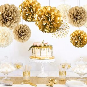 Gold White Party Decorations,12Pcs Hanging Tissue Paper Pom Poms,Pompoms Flowers for Engagement,Wedding,Birthday,Bachelorette,Bridal Shower Party Deco