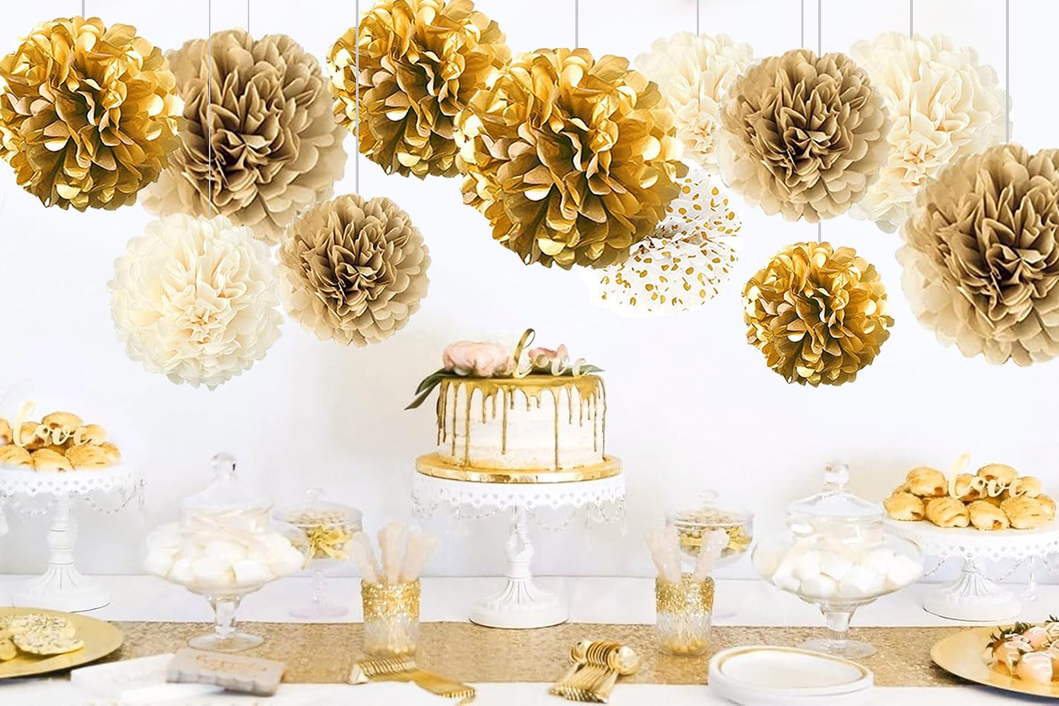 Gold White Party Decorations,12Pcs Hanging Tissue Paper Pom Poms,Pompoms Flowers for Engagement,Wedding,Birthday,Bachelorette,Bridal Shower Party Deco