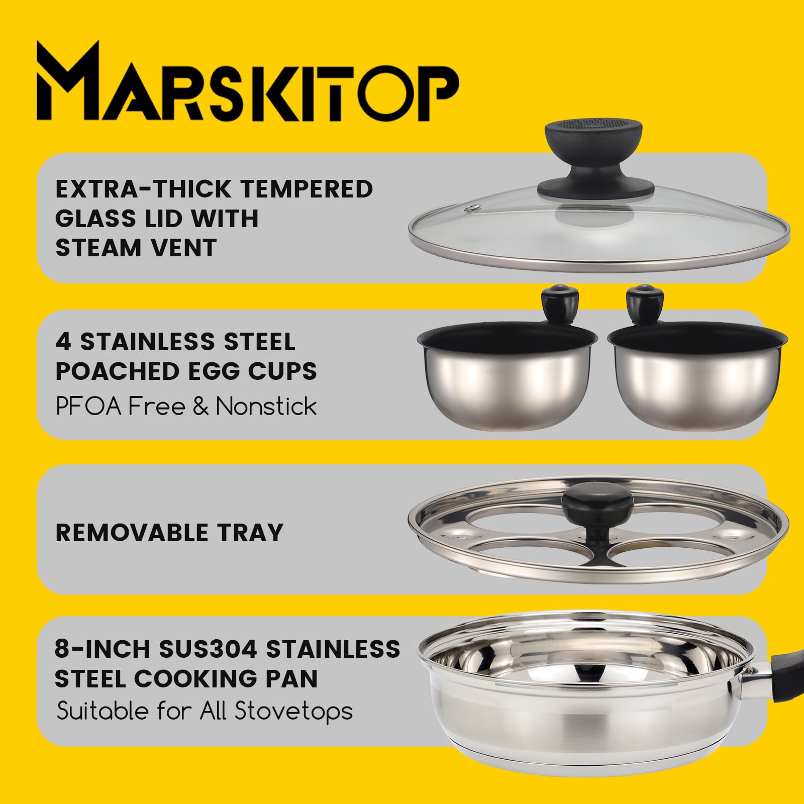 MARSKITOP Egg Poacher Pan Nonstick 4 Eggs, Poached Egg Pan Stainless Steel Poached Egg Cooker, Egg Poaching Pan PFOA Free, Poached Egg Maker with Nonstick Poached Egg Cups