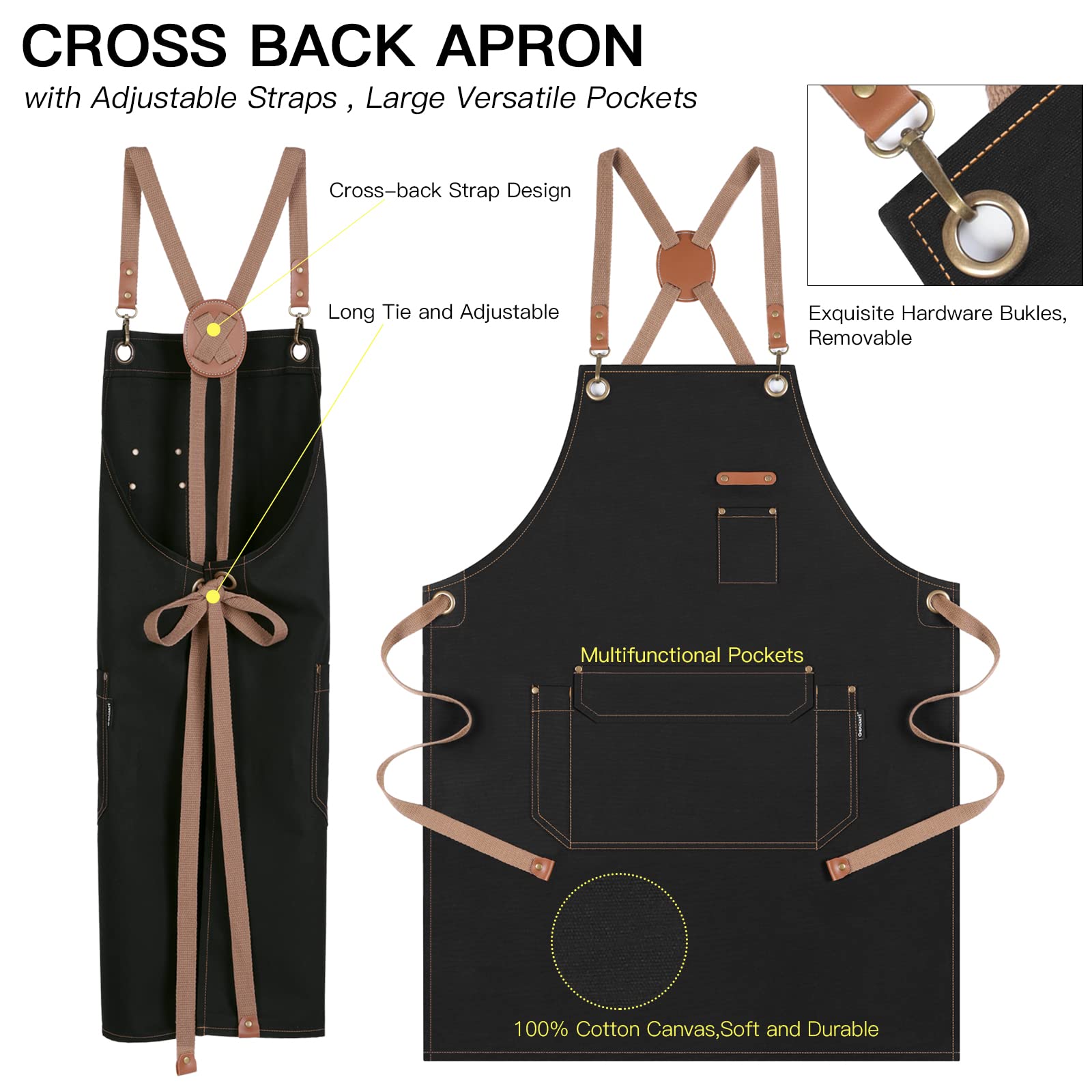 Genixart Chef Apron for Men Women with Gift Box Pack, Cross Back Apron with Pockets for Kitchen Cooking Baking Artist Painting, Cotton Canvas Work Aprons for Shop, Garden, Restaurant, Cafe (Black)