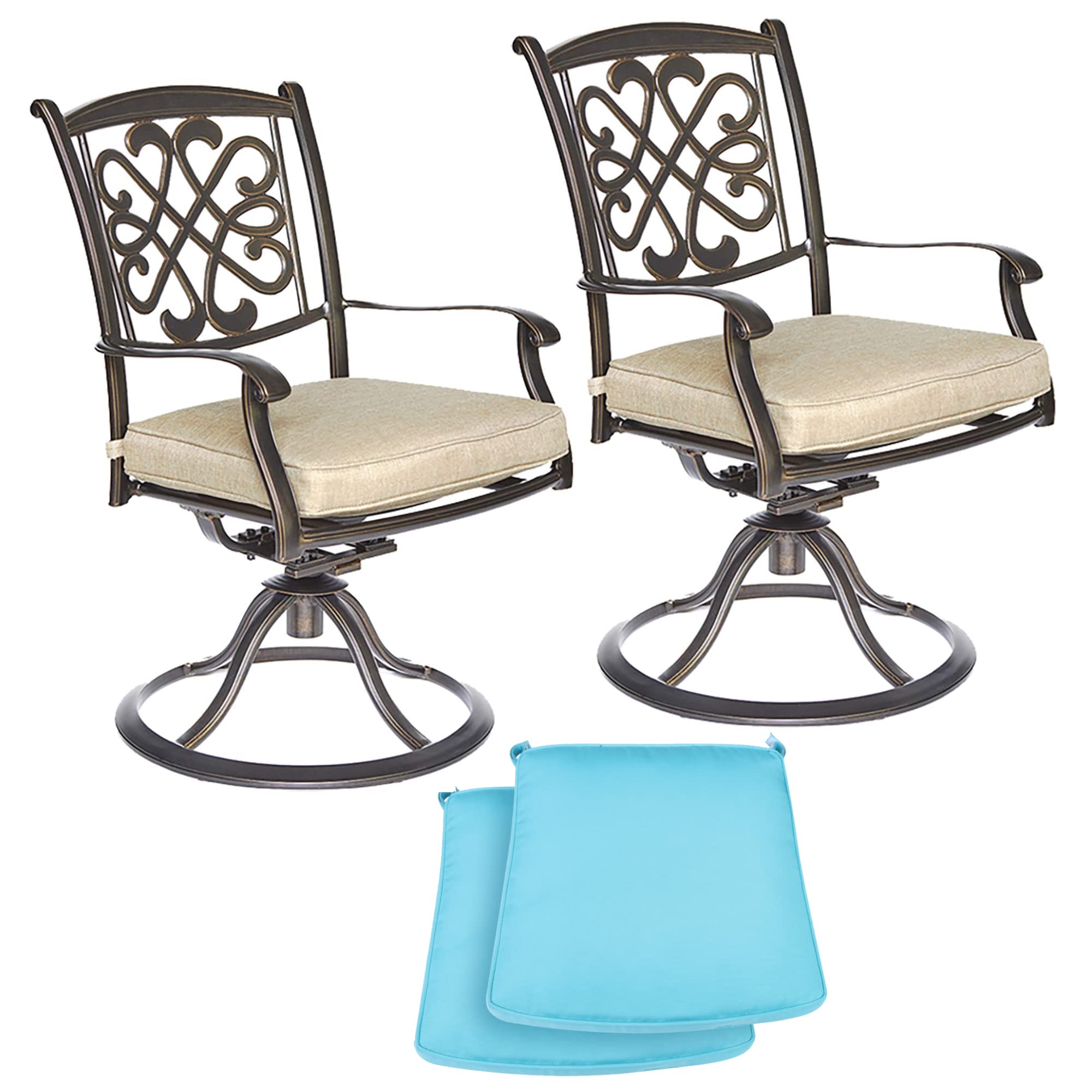 CASUAL WORLD Aluminum Patio Swivel Dining Chairs Set of 2, All-Weather Outdoor Gentle Rocker Chairs Bistro Chairs with 4 Seat Cushions for Garden Backyard Poolside, Beige & Light Blue