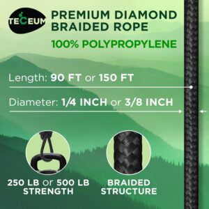 TECEUM Rope – 1/4” & 3/8” – 90 FT | 150 FT – Strong All-Purpose Utility Rope – Camping, Crafting, Flag Pole, Indoor & Outdoor – Polypropylene Nylon Poly Lightweight Diamond Braided Cord – Black