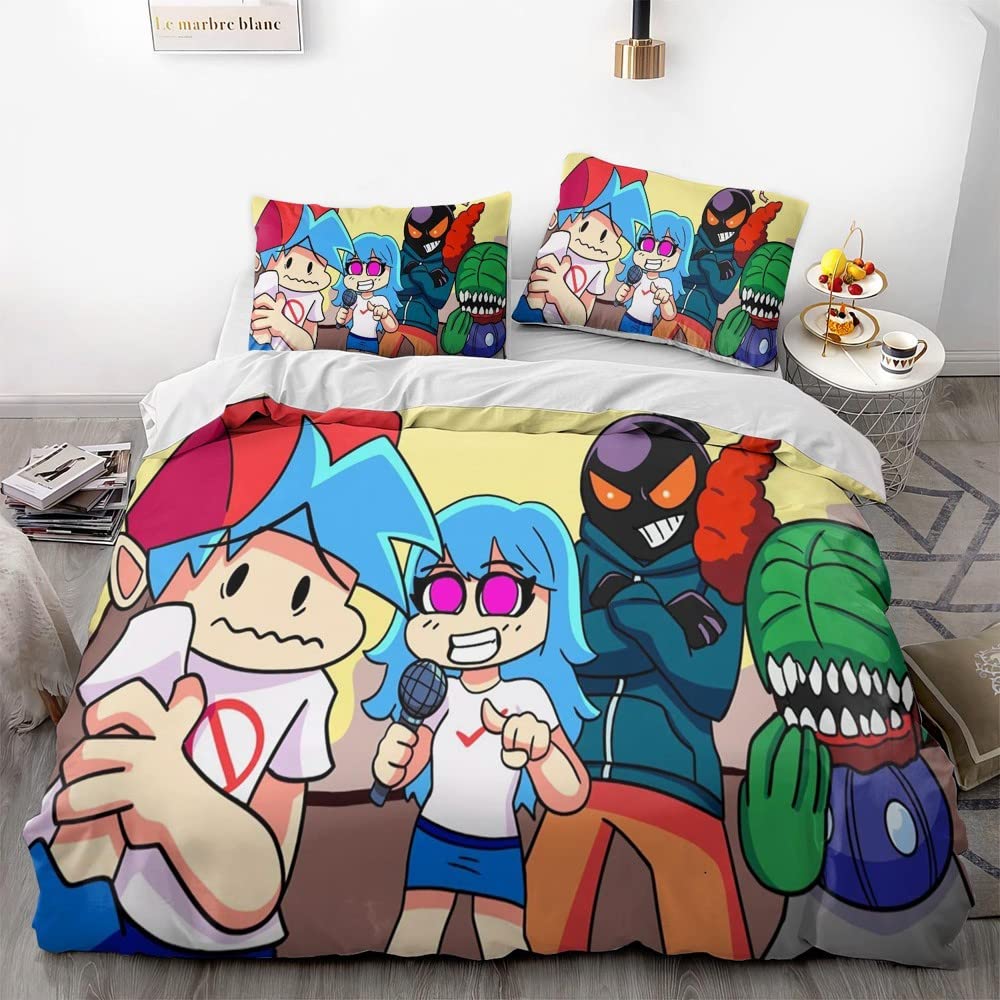 NICHIYOBI Friday Funkin Game FNF Duvet Cover Set 3D Bedding Comforter Cover 3 Pcs (1 Duvet Cover+2 Pillowcases) Bedding Set (01,Queen-90x90in+20x30in*2)