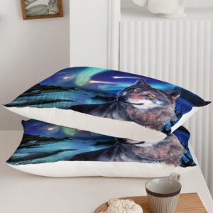 AILONEN Wolf Duvet Cover 3 Piece Set Twin Size, Blue Starry Night Moon Aurora Borealis Meteorite Bedding Set- Outdoor Wolf Wild Animals Theme Quilt Cover and 2 Pillowcases