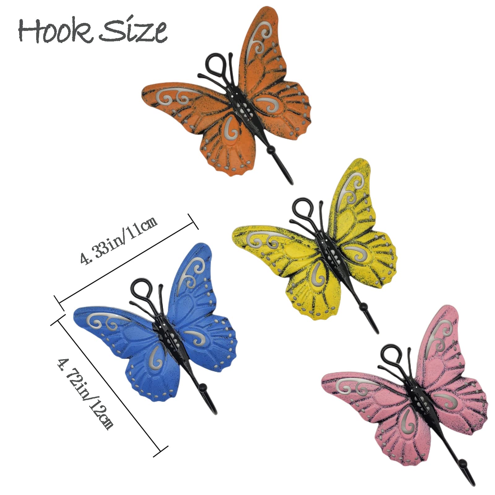 Snnshun 4 Pcs Butterfly Coat Hooks, Towel Wall Hooks Hanging, Room Wall Decoration Creative Sticky Hooks, Cute Iron Hook for Hanging Hats, Coats, Scarves, Bags, Keys