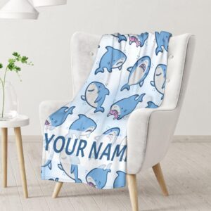 Custom Shark Blanket Gifts with Name - 30x40 Inches Cute Throw Blanket for Women & Girls - Light Blue Soft Fuzzy Plush Blankets for Couch, Office