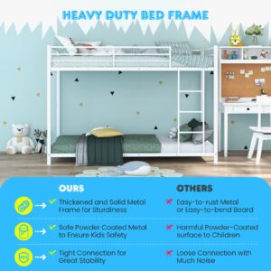 GOFLAME Twin Over Twin Bunk Bed, Metal Frame Loft Bunk Bed with Ladder and Guard Rail, Heavy-Duty Slatted Floor Bunk Bed Frame for Kids, Teens, No Box Spring Needed (White)