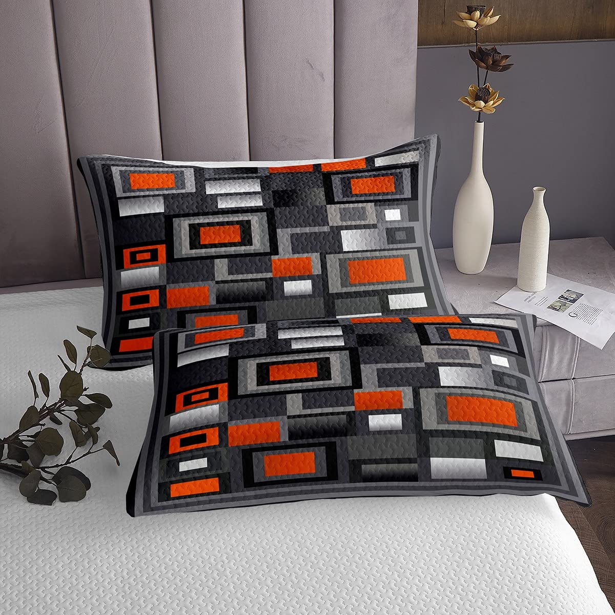 Geometric Grid Bedspread Set Queen Size for Kids,Girls Orange White and Gray Quilt Set Modern Abstract Coverlet Geometric Square Splicing Bedspread 3 Pcs Decorative Bedding Quilted with 2 Pillow Shams