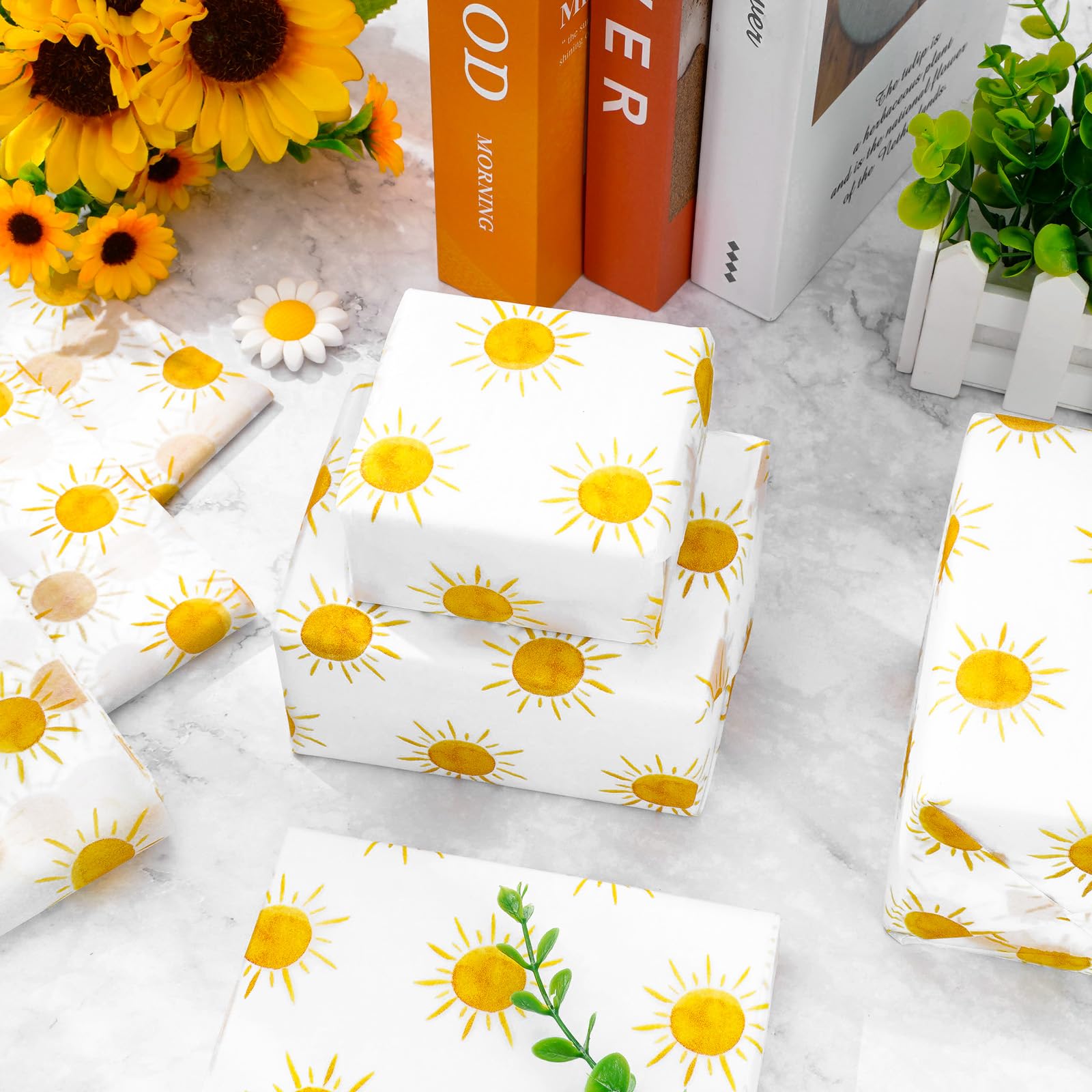 Whaline 100 Sheet Boho Sunshine Tissue Paper Yellow Sun Gift Wrapping Paper First Trip Around The Sun Theme DIY Craft Art Paper for Summer Holiday Party Birthday Decor Supplies, 13.8 x 19.7 Inch