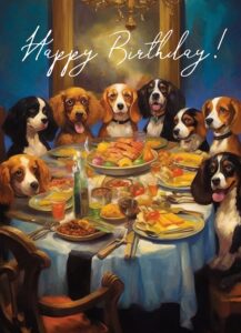 pixiluv happy birthday greeting card ~ adorable group of dogs sitting together at the table~ funny animals birthday wishes greetings vintage large card