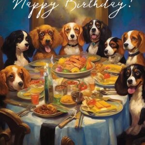 PIXILUV HAPPY BIRTHDAY Greeting card ~ Adorable Group of Dogs Sitting Together at the Table~ Funny Animals Birthday Wishes Greetings Vintage Large Card