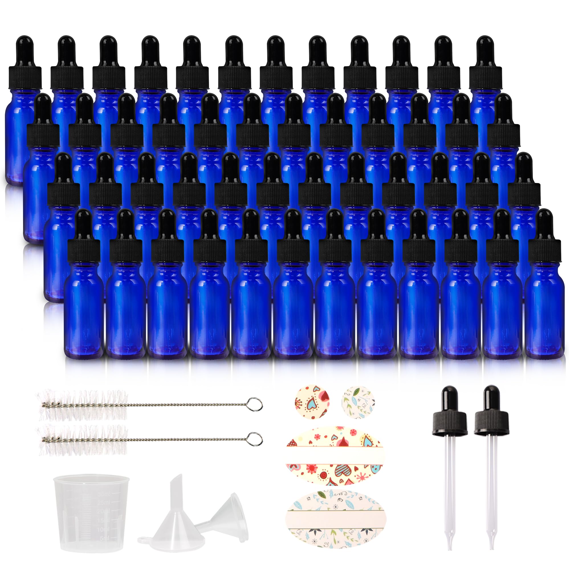 HWASHIN 48 Pack 1/2 oz (15ml) Cobalt Blue Glass Bottles with Glass Eye Droppers for Essential Oils, Perfumes & Lab Chemicals (Brush, Funnels, 2 Extra Droppers, Labels & Measuring Cup Included)