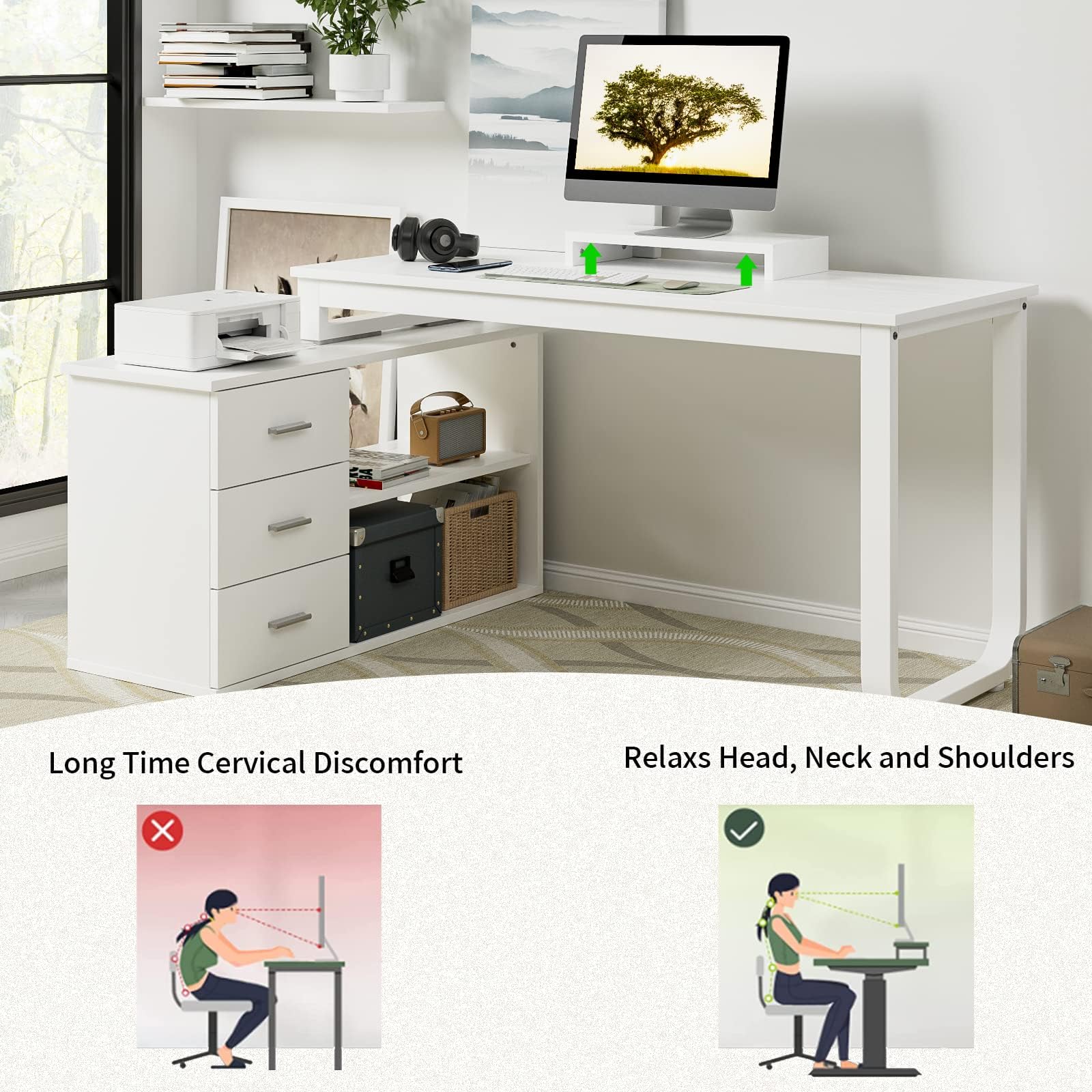 HOMBCK L Shaped Desk with Storage, White Desk Reversible L Shaped Desk with 3 Drawers and File Cabinet, Corner Desk with Hutch and Shelves, Long Computer Desk for Home Office, White