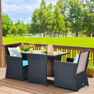 KOTEK 3 Piece Outdoor Dining Set, PE Rattan Dining Table & Chairs Set with Tempered Glass Top & Cushions, Wicker Conversation Set, Patio Bistro Set for Backyard Garden Porch (Turquoise)