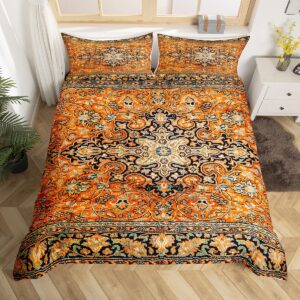 Ethnic Pattern Duvet Cover Queen, Orange Boho Bedding Set, Southwest Farmhouse Bohemian Floral Abstract Comforter Cover, Brown Geometric Exotic Tribal Flower Quilt Cover