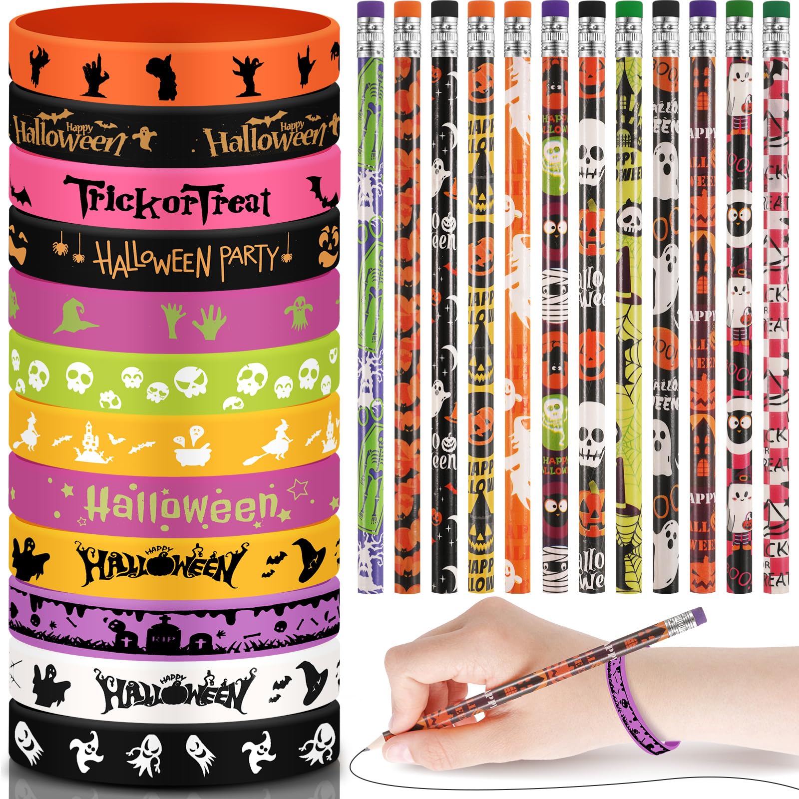 48 Pcs Halloween Pencils Halloween Rubber Bracelets Set Halloween Party Favors for Kids Ghost Pumpkin Skeleton Bat Spider Pencils Silicone Wristbands Trick or Treat Gifts Classroom Gifts for Students