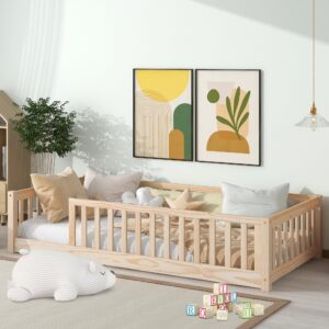 LLS Twin Floor Bed for Children, Durable Montessori Floor Bed with Sturdy Slats and Safety Fence, Solid Wood Floor Bed Frame for Girls Boys and Teens, Natural (Without Door)