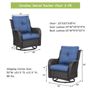 Patio Chairs Rocking Swivel Chair - 2 Piece Wicker Rocker Chairs Set with High Back and Deep Seating for Outdoor Outside Deck Porch Garden(Brown Wicker/Blue Cushion)