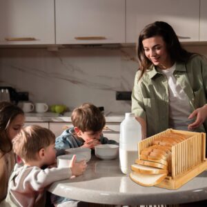 OMDS Luxury Bamboo Bread Slicer with Knife - 3 Slice Thickness, Foldable Compact Cutting Guide with Crumb Tray, Stainless Steel Bread Knife for Homemade Bread, Cake