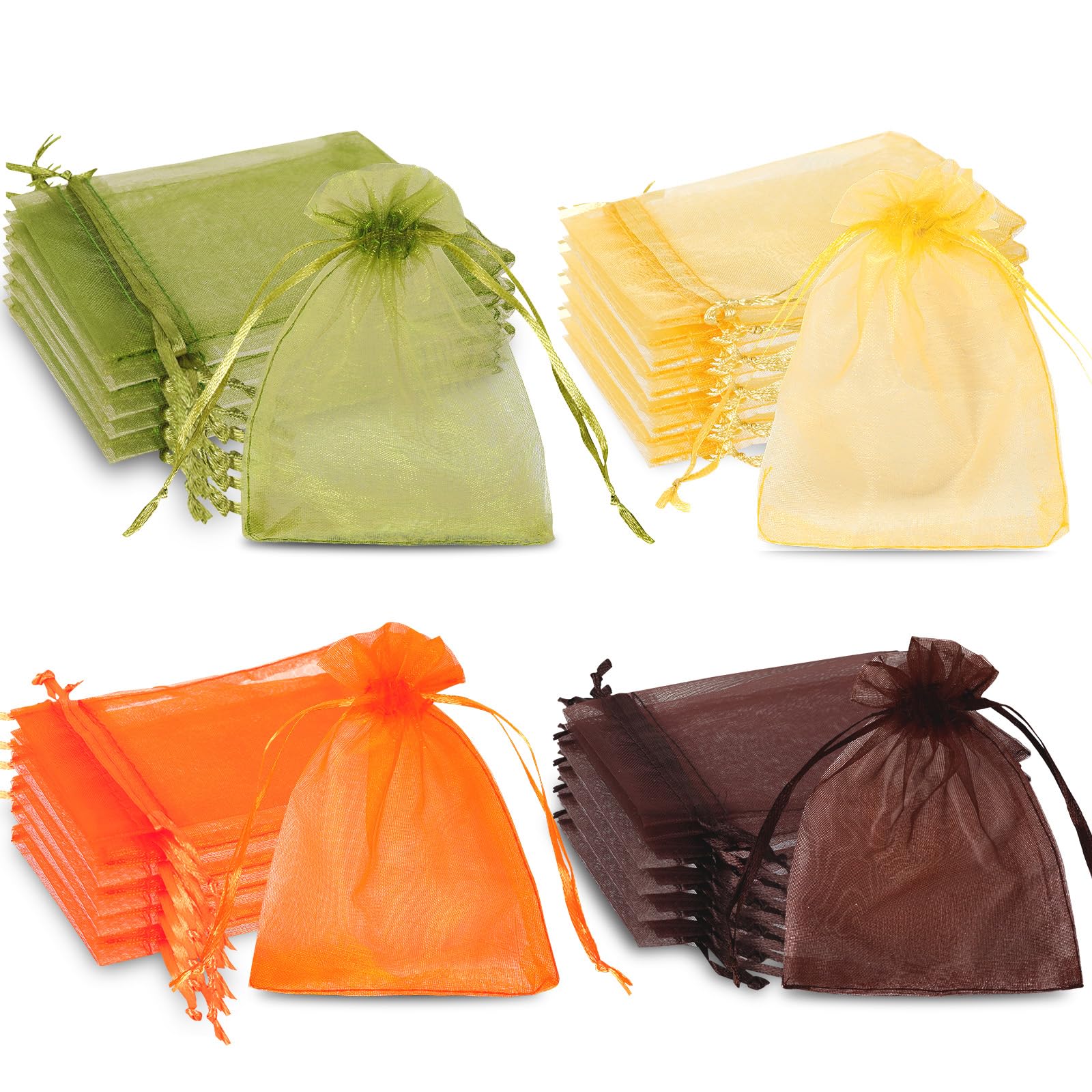 Whaline 120 Pcs Fall Organza Bags Drawstring Orange Yellow Green Brown Autumn Holiday Gift Bags Thanksgiving Jewelry Gift Bags Candy Goodies Treat Bags for Wedding Baby Shower Birthday Party Favor