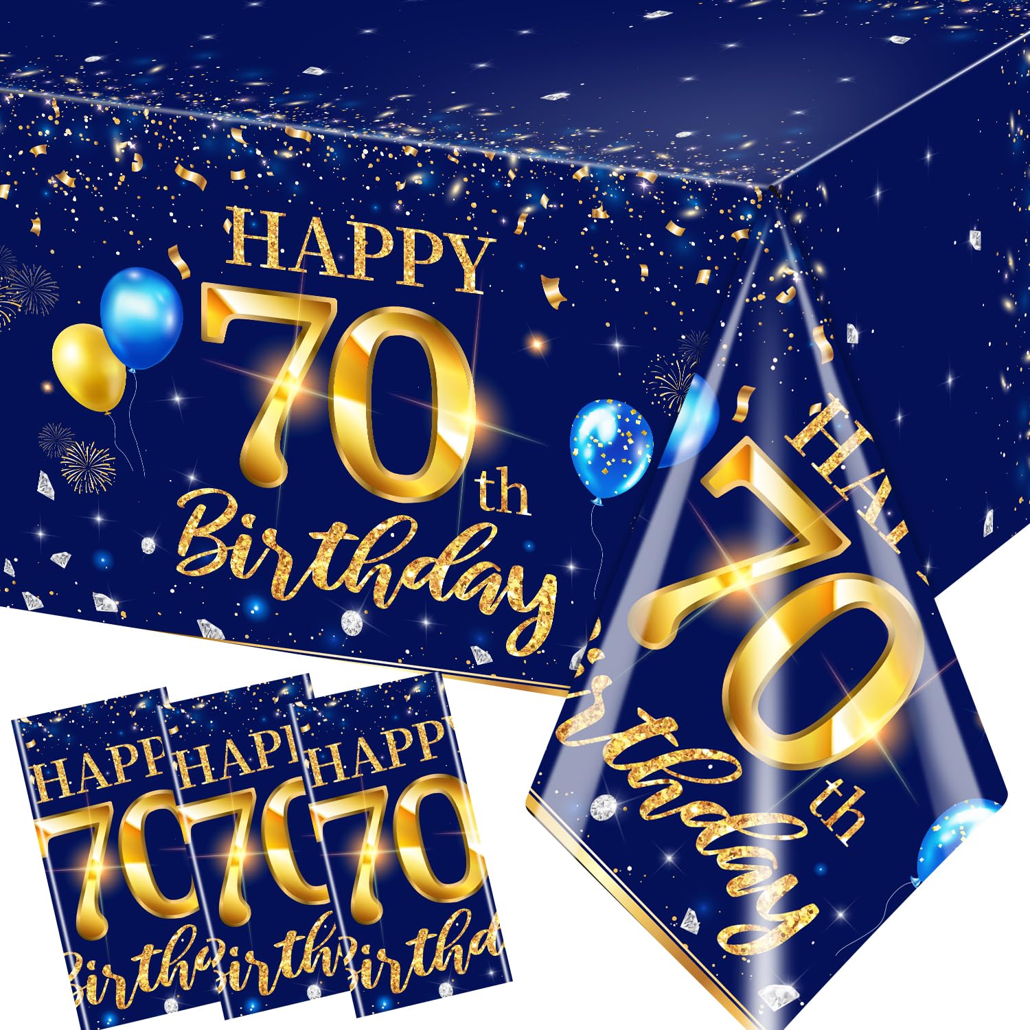 GREHUMOR 70th Birthday Decorations Men-3pcs Navy Blue 70th Birthday Table Covers Rectangle Waterproof Plastic Gold Blue Birthday Tablecloth for Men 70th Birthday Party Supplies