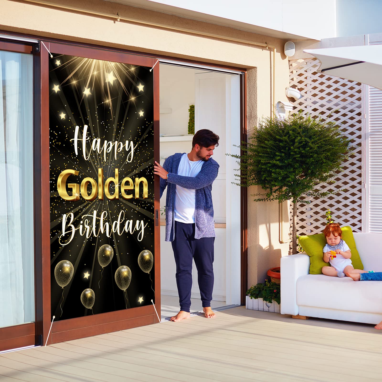 Labakita Happy Golden Birthday Banner, Golden Birthday Door Banner, Golden Birthday Sign, 5th 6th 21st 24th 25th 28th 30th 50th 60th Birthday Decor