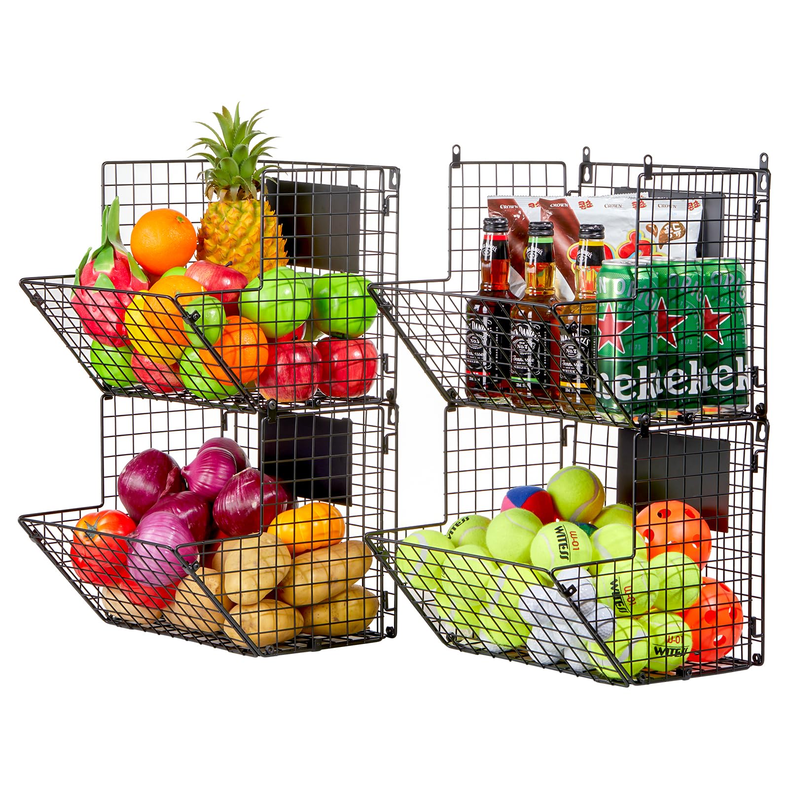 X-cosrack Metal Wire Basket Wall Mount, 4 Tier Extra Large Wall Storage Basket Organizer with Chalkboards, Kitchen Fruits and Vegetables Produce Bin Rack Toys Organizer Bathroom Tower Baskets (Black)