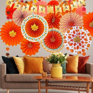 Winlyn 21 Pack Bulk Fall Party Decorations Set Auntumn Orange Hanging Paper Fans Happy Fall Banner Pom Poms Fall Maple Leaves Garlands for Thanksgiving Wedding Birthday Festival Party Backdrop Décor