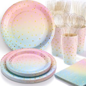 pastel party supplies rainbow pastel party paper plates cups napkins dinnerware set for pastel party decorations girl birthday baby showers bridal shower wedding,serves 24