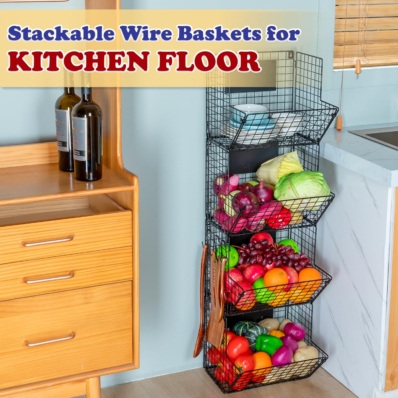 X-cosrack Metal Wire Basket Wall Mount, 4 Tier Extra Large Wall Storage Basket Organizer with Chalkboards, Kitchen Fruits and Vegetables Produce Bin Rack Toys Organizer Bathroom Tower Baskets (Black)