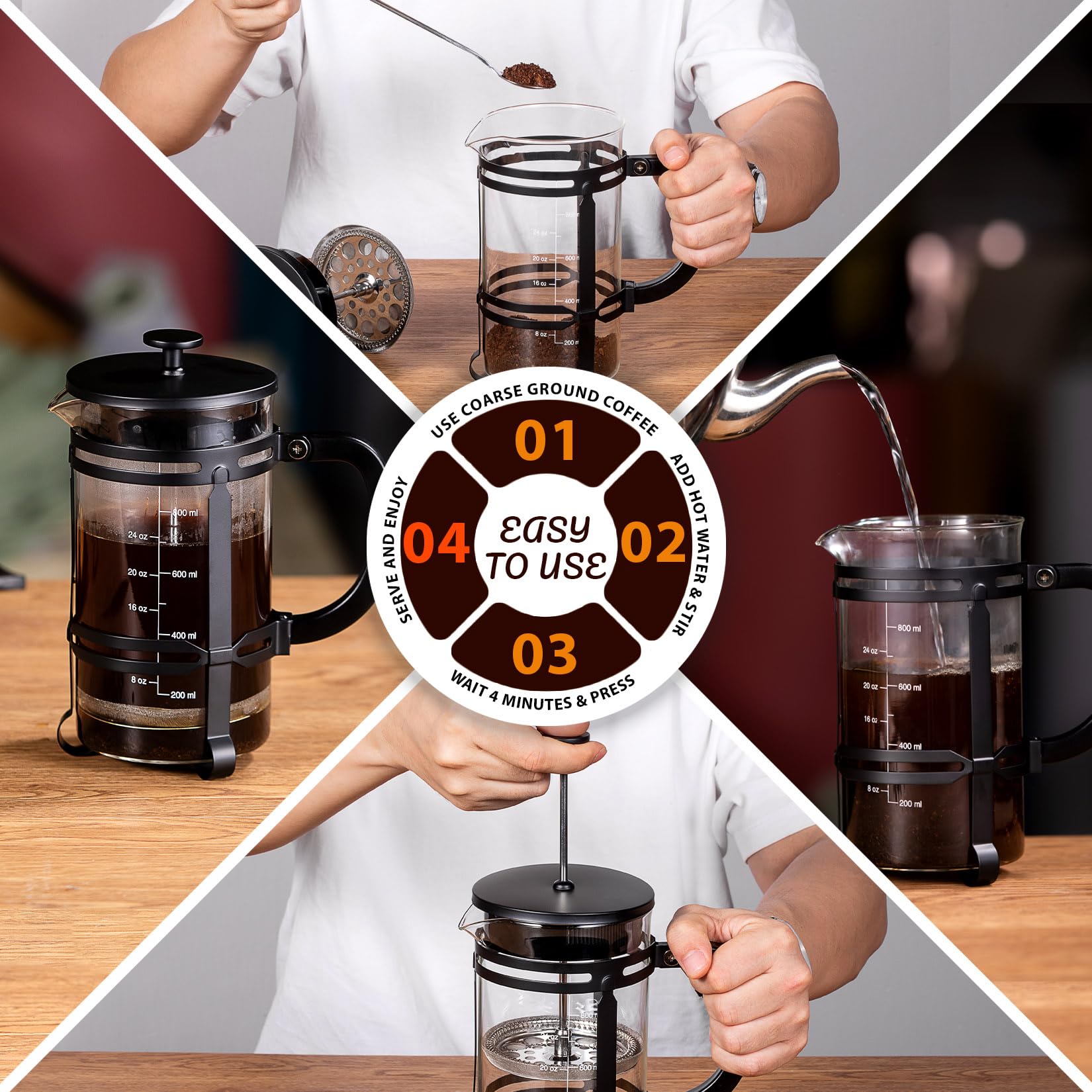 French Press Coffee Tea Maker（21oz）,304 Stainless Steel Coffee Press with 4 Filters Screen-100% No Residue -German Heat-Resistant Borosilicate Glass- BPA FREE -Dishwasherable，Black