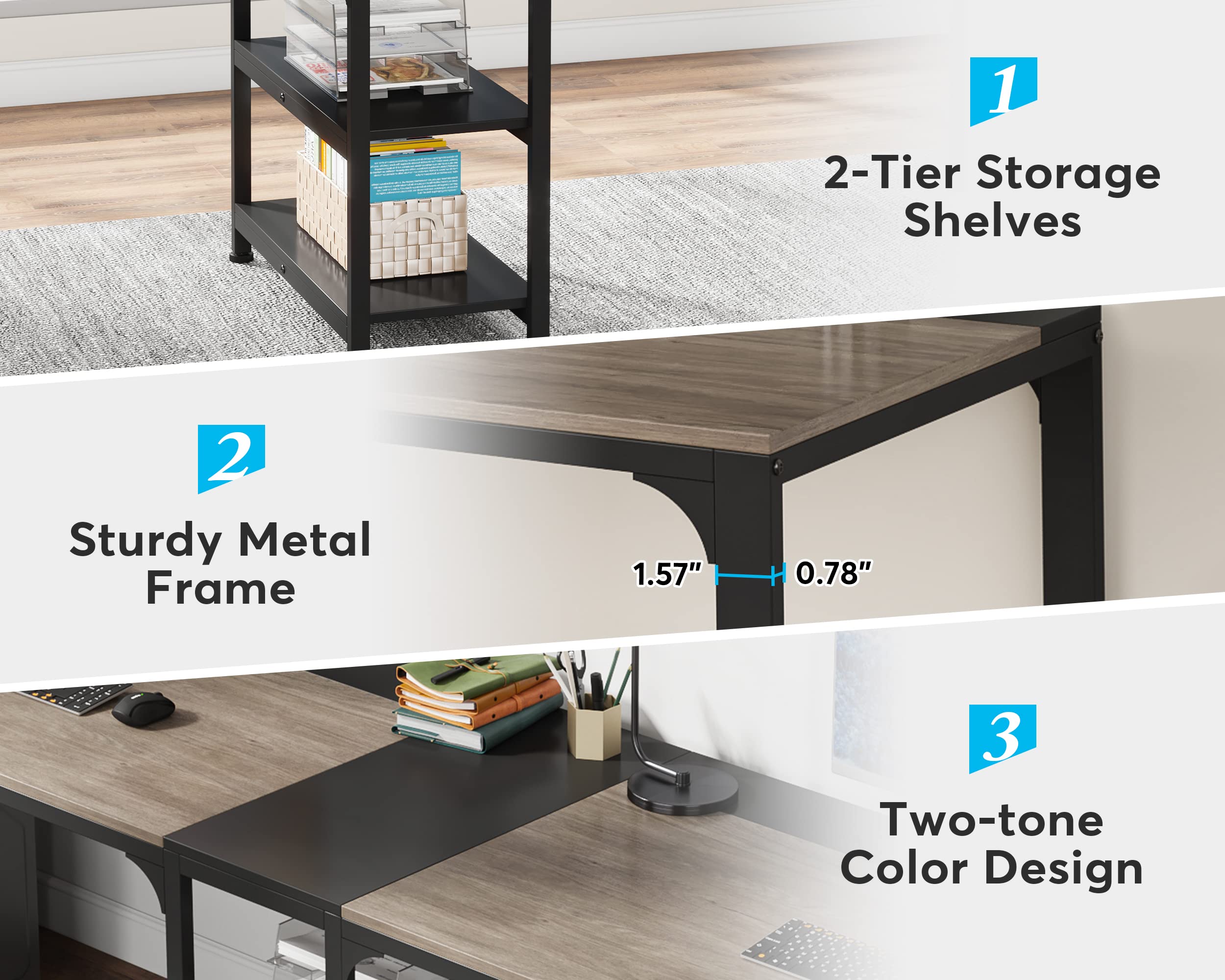 Tribesigns 90.55'' 2 Person Desk with Storage Shelves, Double Computer Desk with Spacious Desktop, Extra Long Study Writing Table Workstation for Home Office (Black & Gray)