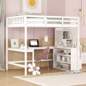 Harper & Bright Designs Full Loft Bed with Desk and Storage Shelves, Wood Full Size Loft Bed with Storage Staircase, High Loft Bed Full with Slat Support for Kids, Boys,Girls,Teens, Adults, White