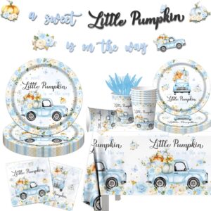 little pumpkin baby shower decorations tableware,142pcs a sweet little pumpkin is on the way boy blue floral truck disposable tablecloth,plates,napkins for autumn fall thanksgiving party supplies