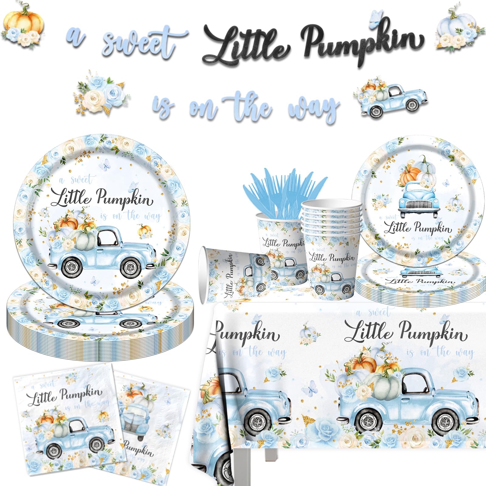 Little Pumpkin Baby Shower Decorations Tableware,142Pcs A Sweet Little Pumpkin is On The Way Boy Blue Floral Truck Disposable Tablecloth,Plates,Napkins for Autumn Fall Thanksgiving Party Supplies