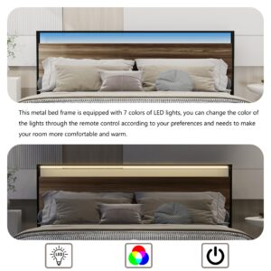 Tuconia King Bed Frame with LED Lights Metal Platform Bed Frame with Storage Headboard Built in Charging Station & USB Ports Noise-Free No Box Spring Needed Grey