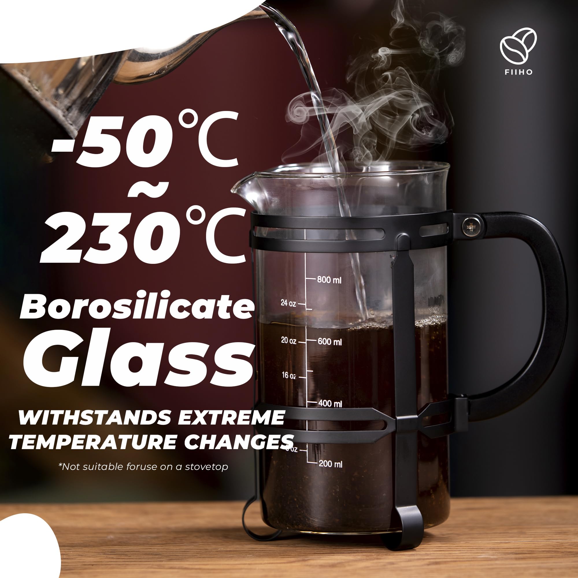 French Press Coffee Tea Maker（21oz）,304 Stainless Steel Coffee Press with 4 Filters Screen-100% No Residue -German Heat-Resistant Borosilicate Glass- BPA FREE -Dishwasherable，Black