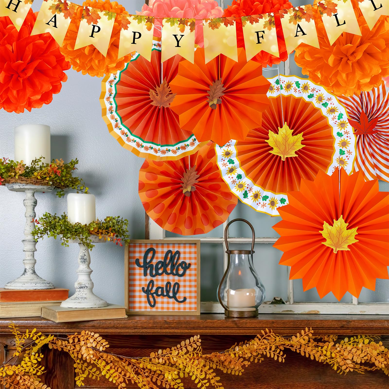 Winlyn 21 Pack Bulk Fall Party Decorations Set Auntumn Orange Hanging Paper Fans Happy Fall Banner Pom Poms Fall Maple Leaves Garlands for Thanksgiving Wedding Birthday Festival Party Backdrop Décor