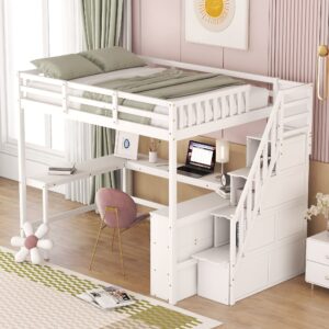 Harper & Bright Designs Full Loft Bed with Desk and Storage Shelves, Wood Full Size Loft Bed with Storage Staircase, High Loft Bed Full with Slat Support for Kids, Boys,Girls,Teens, Adults, White