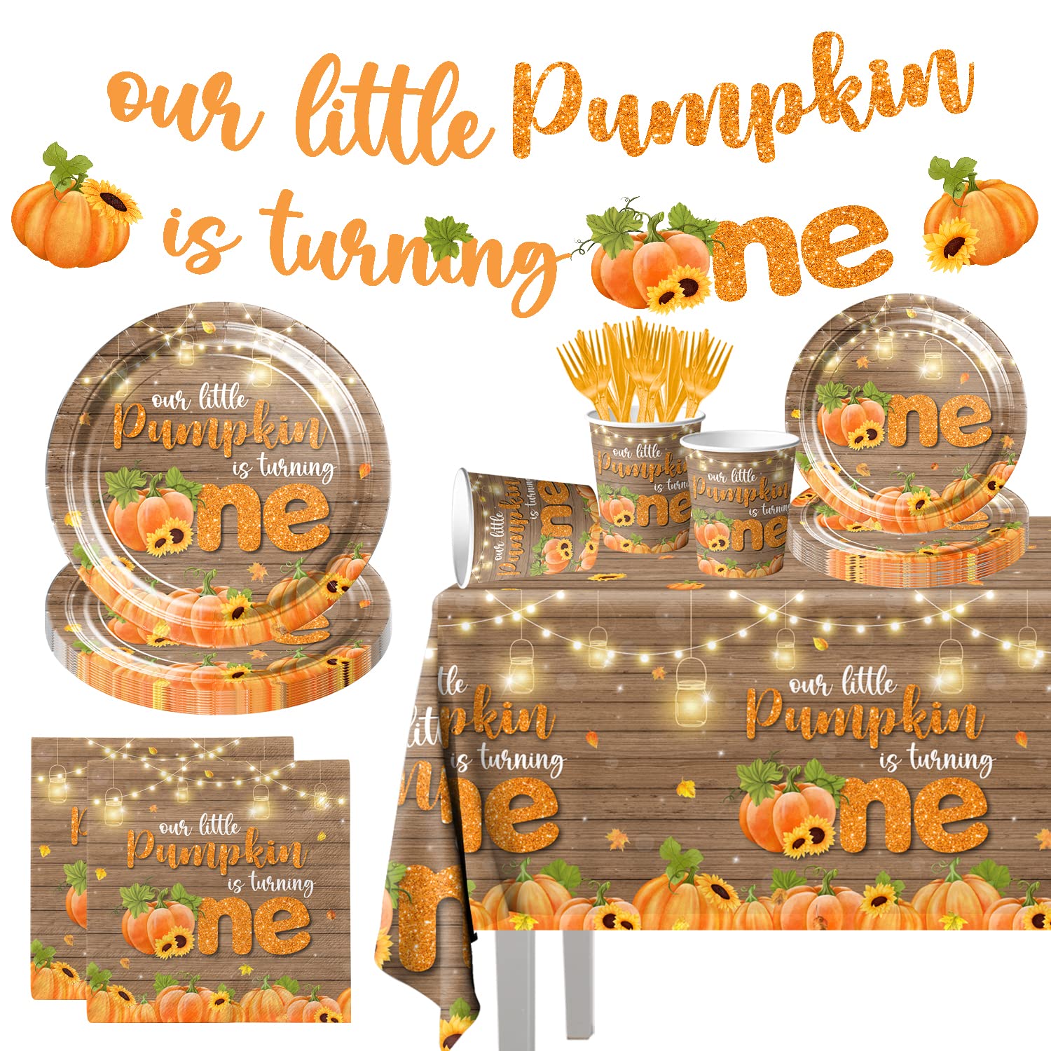 Our Little Pumpkin is Turning One Decorations,142Pcs 1st Birthday Pumpkin Theme Decorations Fall Little Pumpkin First Birthday Theme Party Tableware for Baby Shower Autumn Thanksgiving Supplies