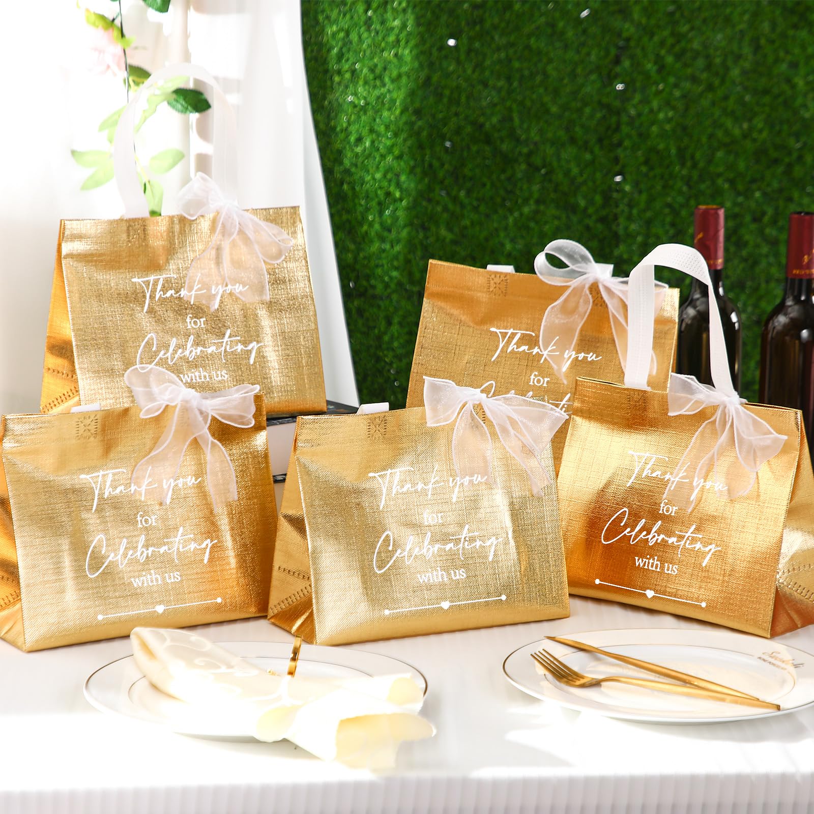 CHENGU 50 Pcs Thank You Gift Bags Thank You for Celebrating with Us Wedding Gift Bag Welcome Bag Birthday Glossy Tote Ribbon Reusable Bag for Hotel Guest Bachelorette Party Bridal Shower(Gold)