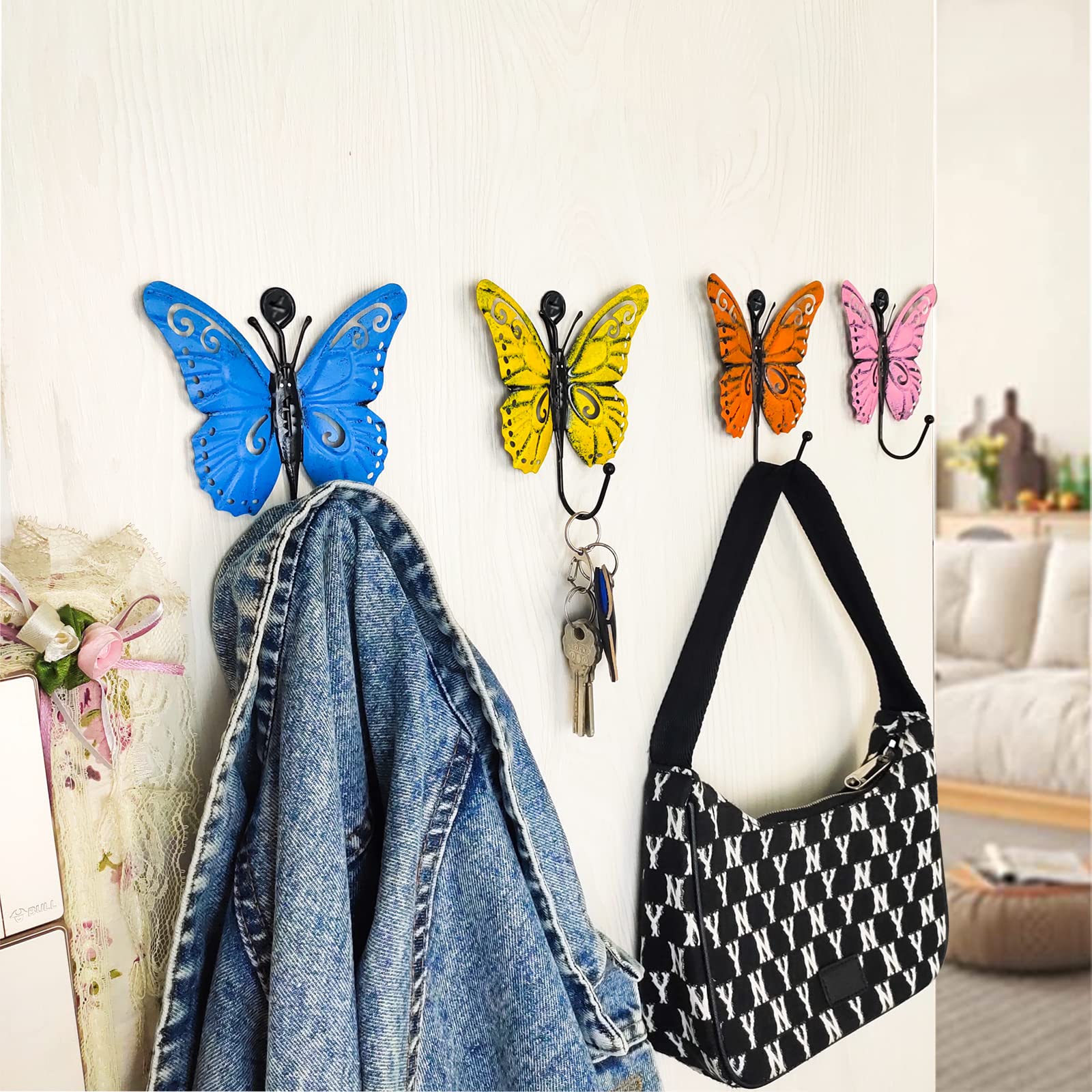 Snnshun 4 Pcs Butterfly Coat Hooks, Towel Wall Hooks Hanging, Room Wall Decoration Creative Sticky Hooks, Cute Iron Hook for Hanging Hats, Coats, Scarves, Bags, Keys